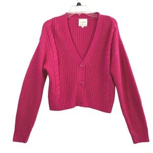 No‎ Comment Cardigan Womens Medium Pink Chunky Cable Knit Button Up Sweater